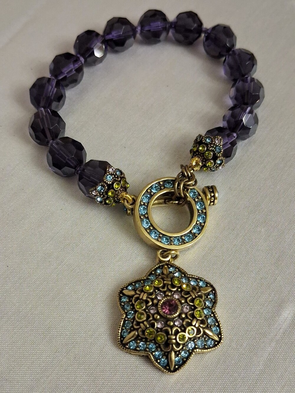 Heidi Daus Purple Swavorski Toggle Bracelet, W/Pave Crystals On Toggle Exc Cond